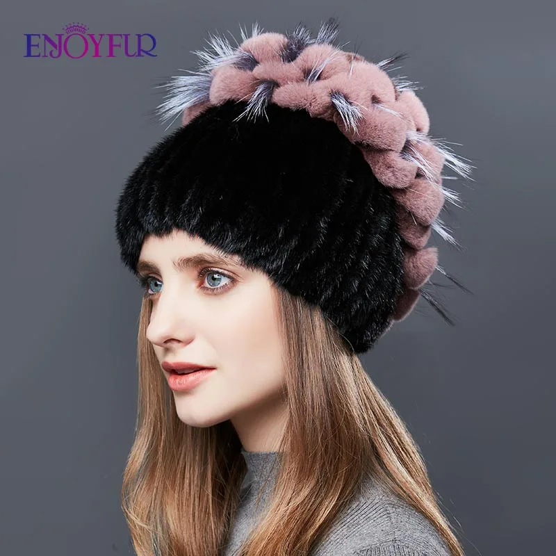 Enjoyfur в форме сердца помпоном реального норки Мех шляпа Женская мода кролика рекс