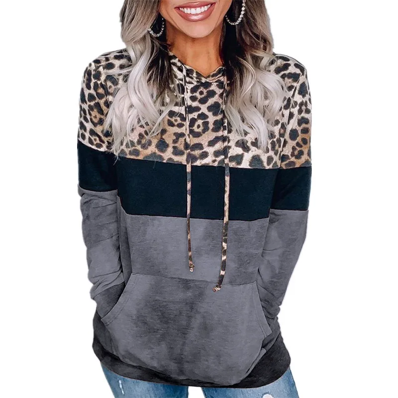 

Autumn Winter 2020 European and American Fashion Women's Leopard Print Loose Hooded Long Sleeve Slim Casual Sweater Sweatshirts