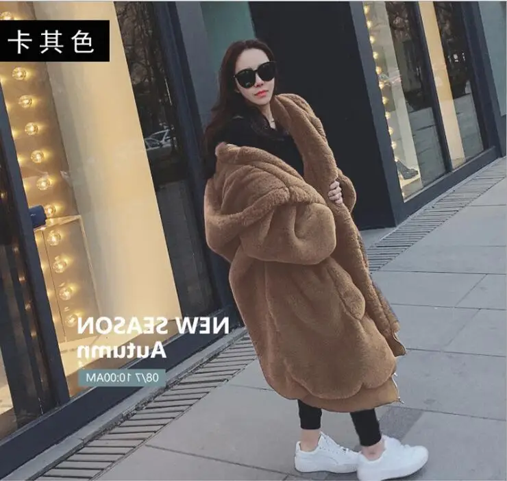 Зимнее женское пальто из искусственного меха, длинная теплая куртка из искусственного меха, повседневное пальто с капюшоном, Свободное пальто с карманами, верхняя одежда, casaco feminino - Цвет: Хаки