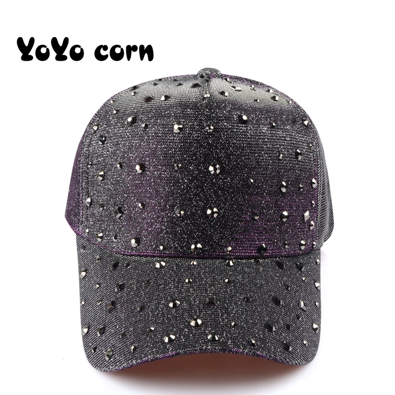 YOYOCORN модные женские Стразы Шапки Diamond Защита от солнца Кепки козырьком можно носить задом наперед бейсбольные кепки, однотонные летние Бейсбол Кепки s для девочек