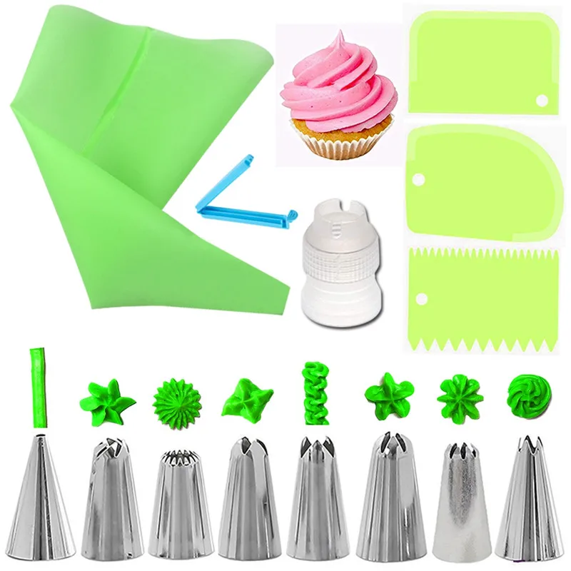 

14pcs Cake Decorating Kit Piping Tips Silicone Pastry Icing Bags Nozzles Cream Scrapers Coupler Set DIY Cake Decorating Tools