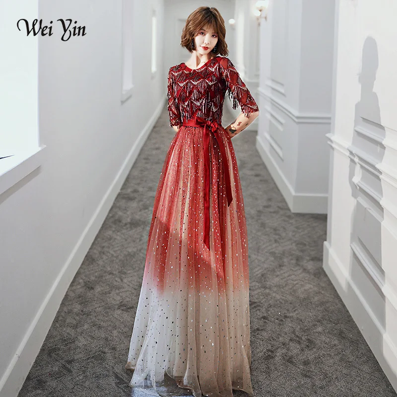 AE0148 wei yin Новое сексуальное красное вечернее платье с блестками круглый вырез