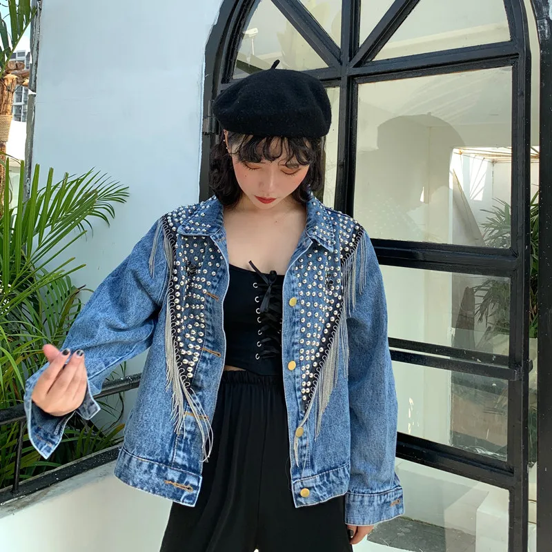 New Women Autumn Hand-studded Rivet Tassel Chain Short Jeans Coat Woman's Loose Jacket Coat Fashion Streetwear Denim Jacket - Цвет: blue