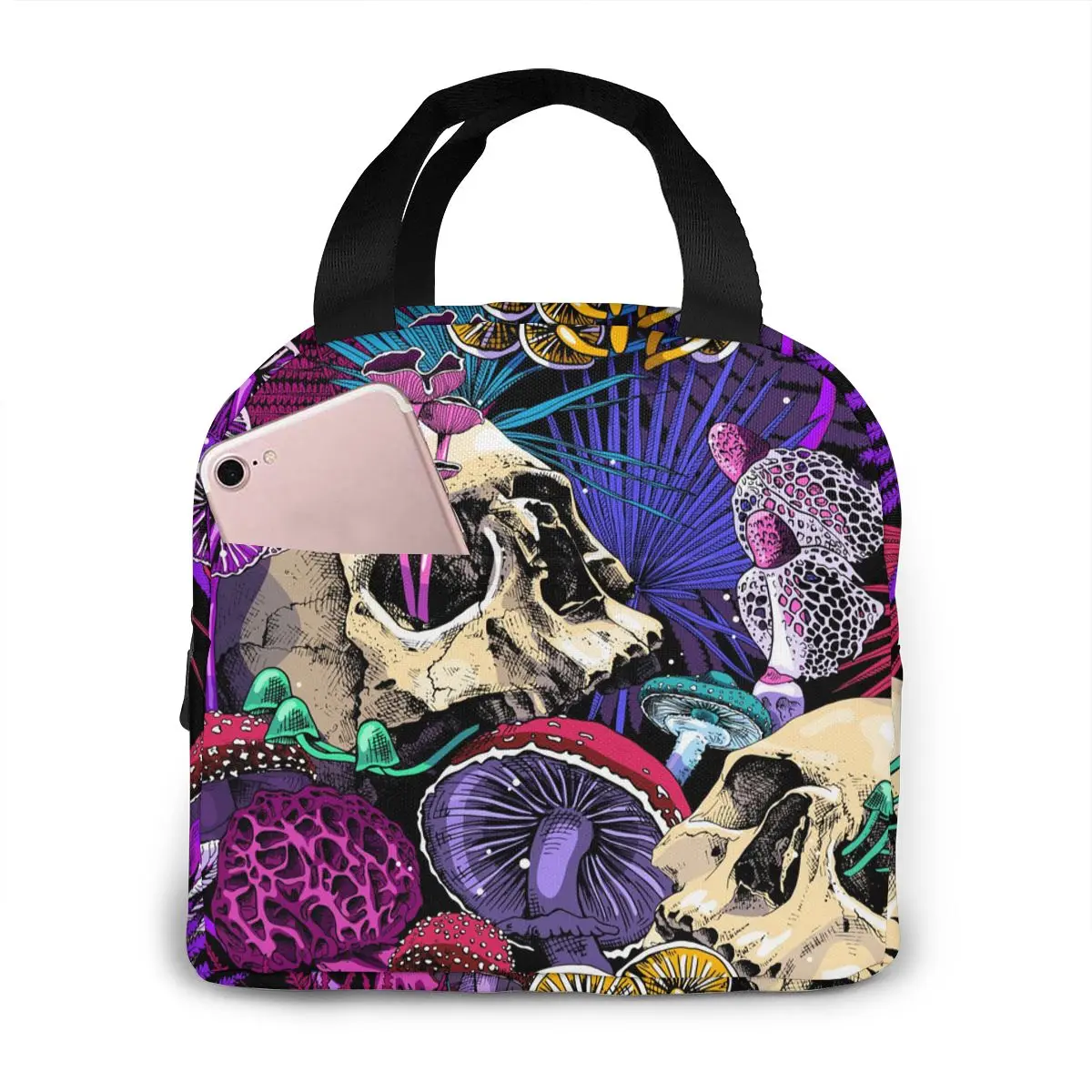 

Lunch Bag Psychedelic Mushrooms And Skulls Thermal Insulated Box Tote Cooler Bag Bento Pouch Lunch Container Food Storage Bag
