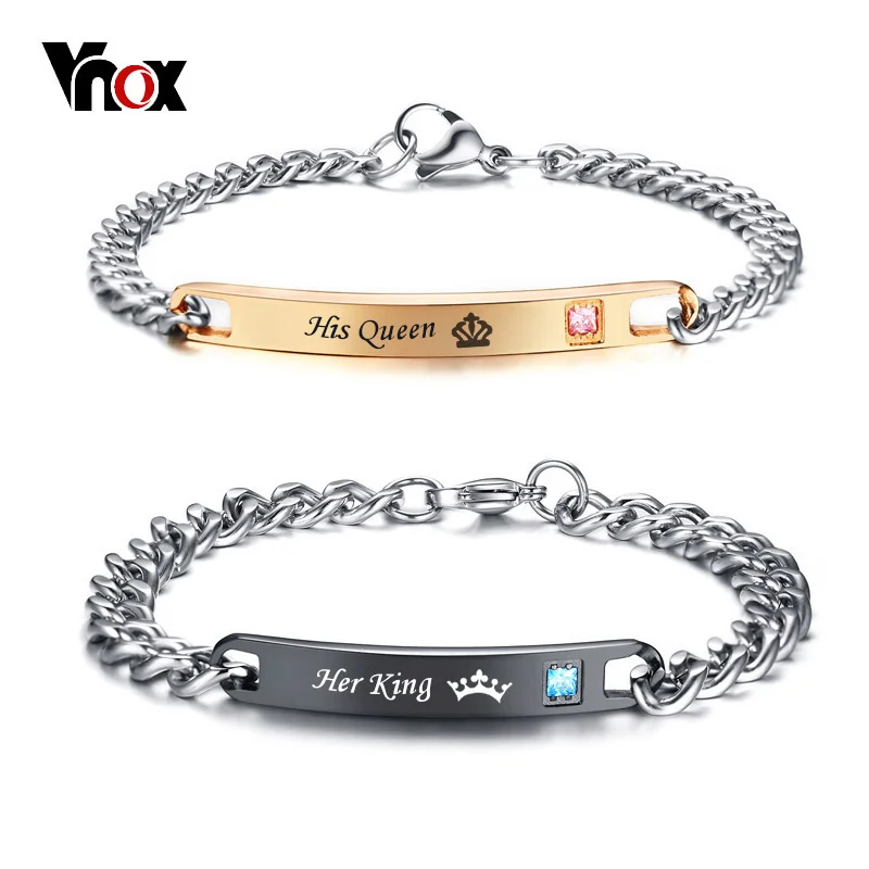 Vnox его и ее соответствующий набор пара браслетов из нержавеющей стали королева