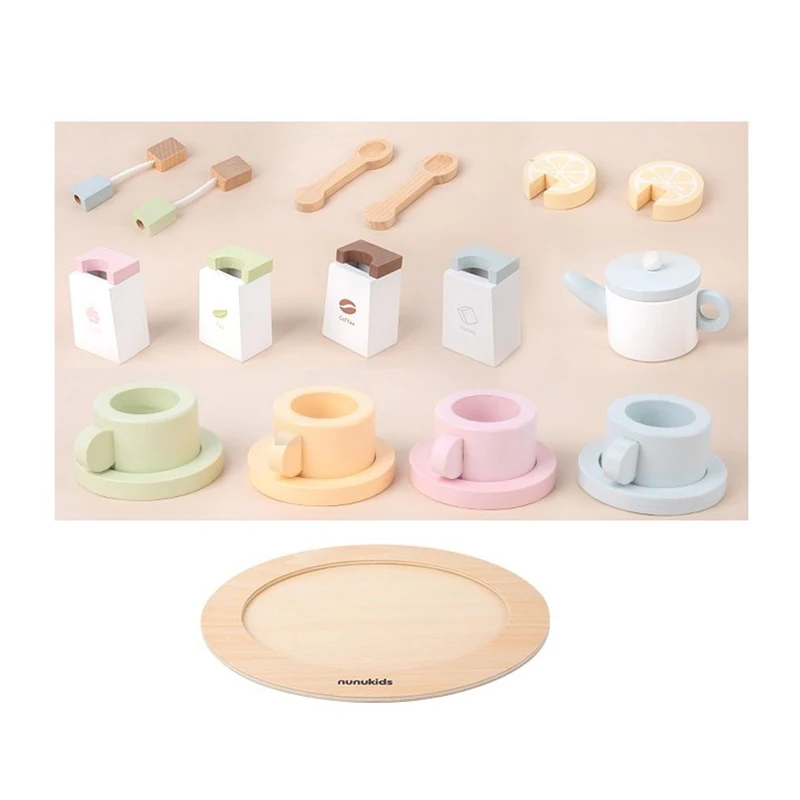 

Children High Tea Game Coffee Tea Cup Tray Set Role Simulation Wooden Kitchen Play House Early Educational Toys For Kids Gifts