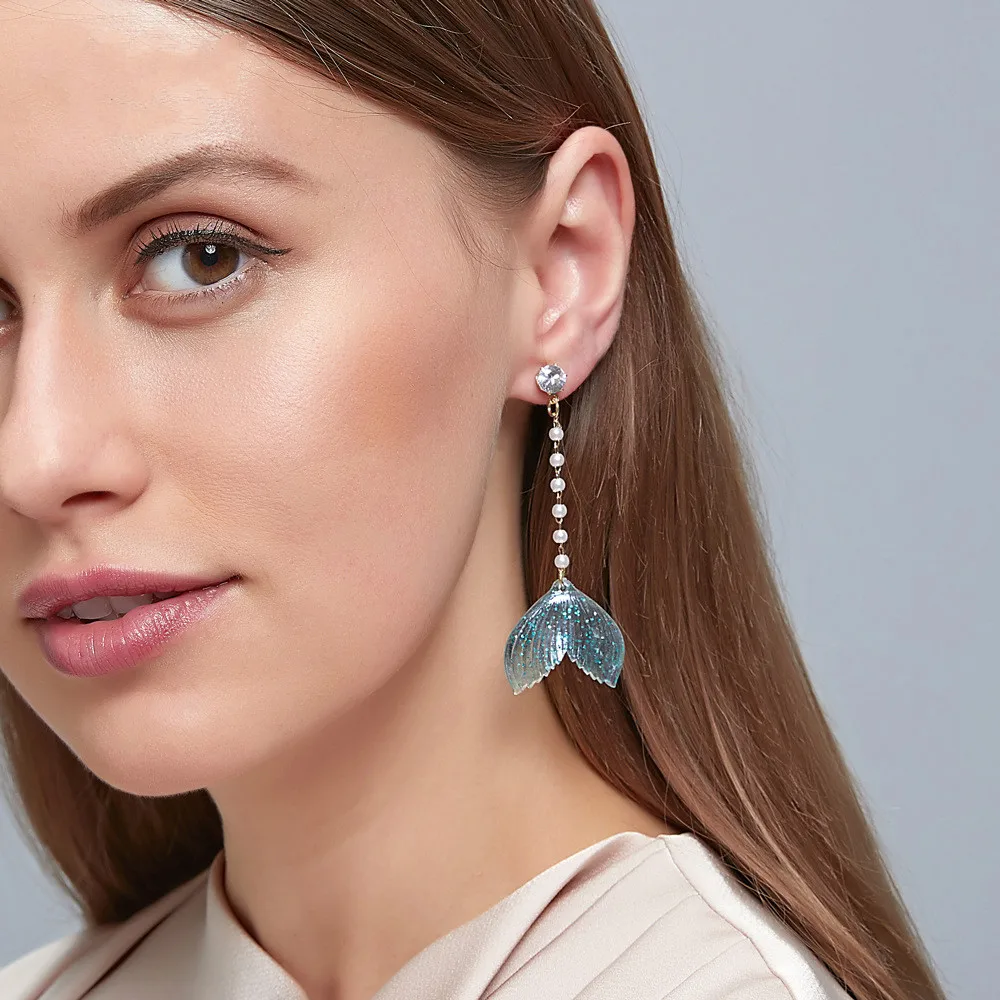 

Mermaid Tail Earrings Fairy Long Pearl Crystal Drop Earrings For Women Earing Jewelry Summer Fishtail Earring CF239