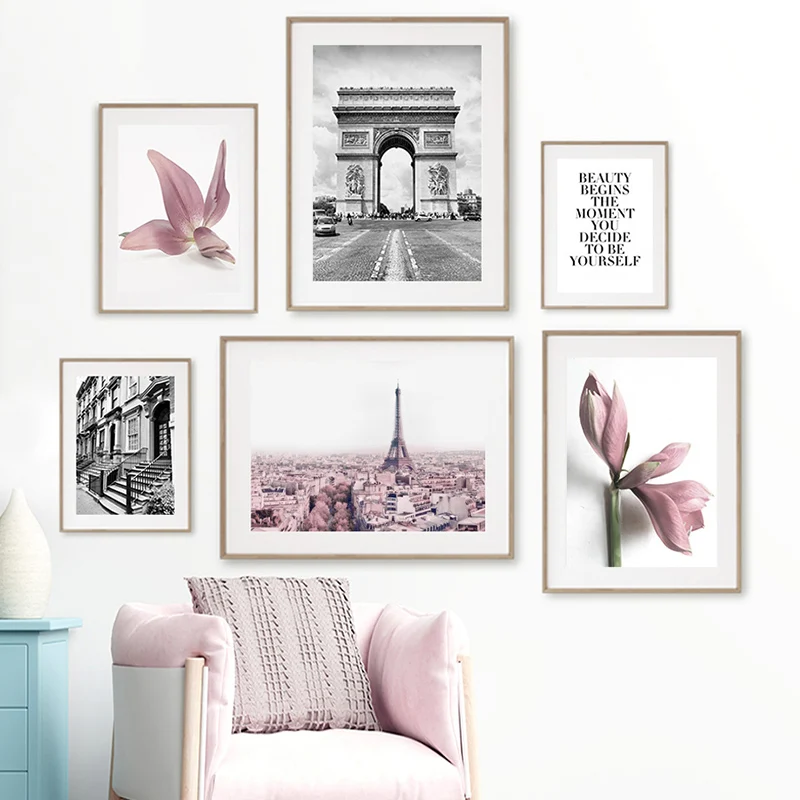 

Pink Magnolia Girl Surf Retro Paris Photo Wall Art Canvas Painting Nordic Posters and Prints Wall Pictures for Living Room Decor