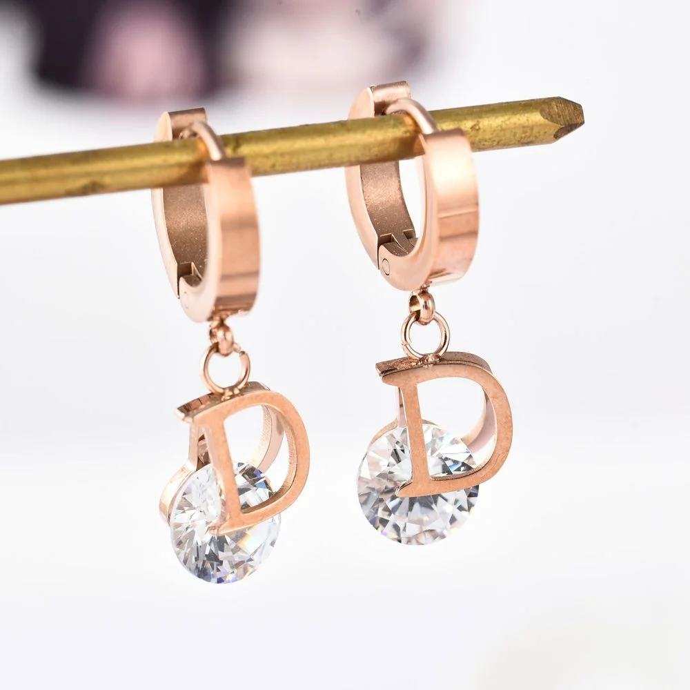 

Korean Luxury Brand Stainless Steel Drop Earrings For Women Letter D Crystal Gold Small Delicate Earrings Fashion Jewelry Gift