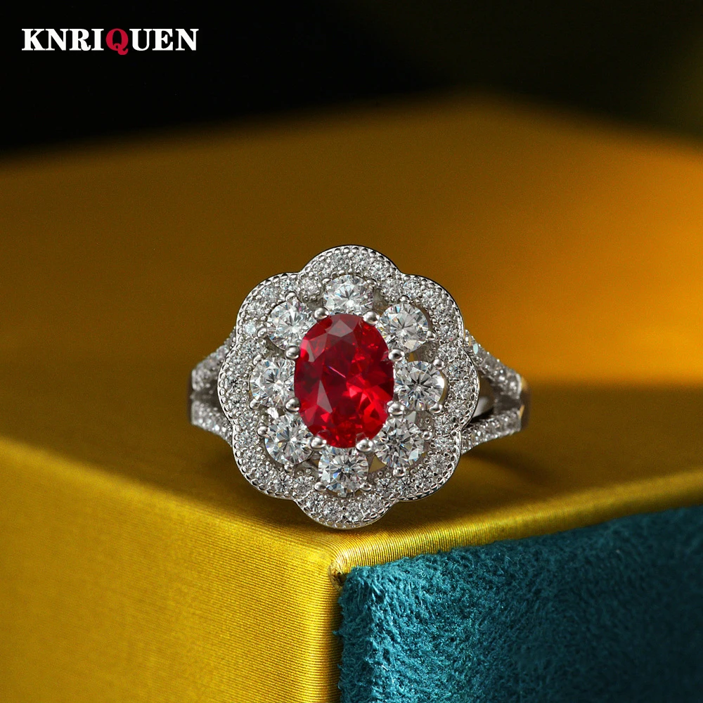 

Charms 100% 925 Sterling Silver 6*8mm Ruby Gemstone High Carbon Diamond Rings for Women Vintage Party Wedding Fine Jewel Gift
