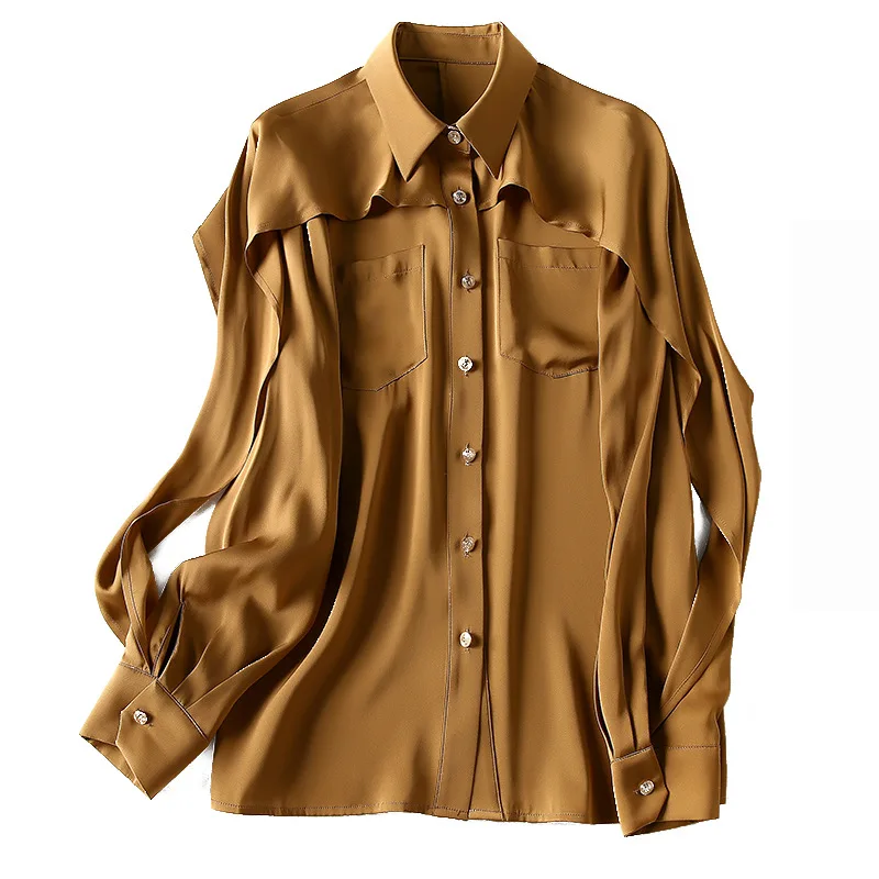 100% шелковая блузка черная рубашка Женский Топ с длинным рукавом Женские топы и