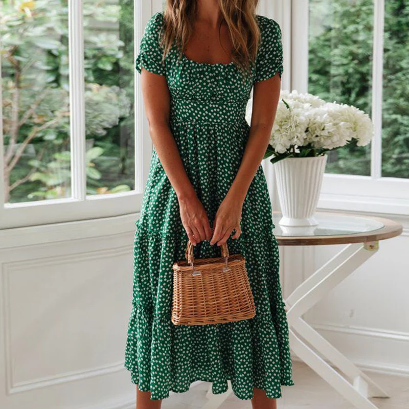 

Vintage Women Printed Puff Sleeve Mid-calf Dress Summer Casual Square Collar Maxi Dress Female Girls Beach Sundress Vestidos