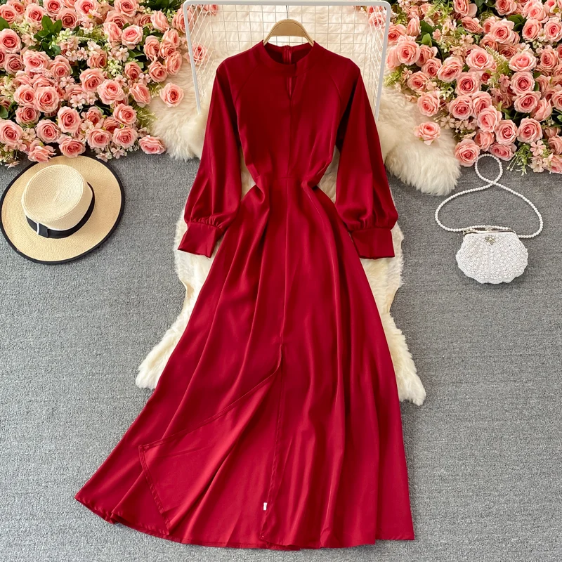 

Autumn Black/Red/Blue Women Long Dress Vintage Stand Collar Puff Sleeve Elegant Party Maxi Vestidos Female Casual Split Robe New