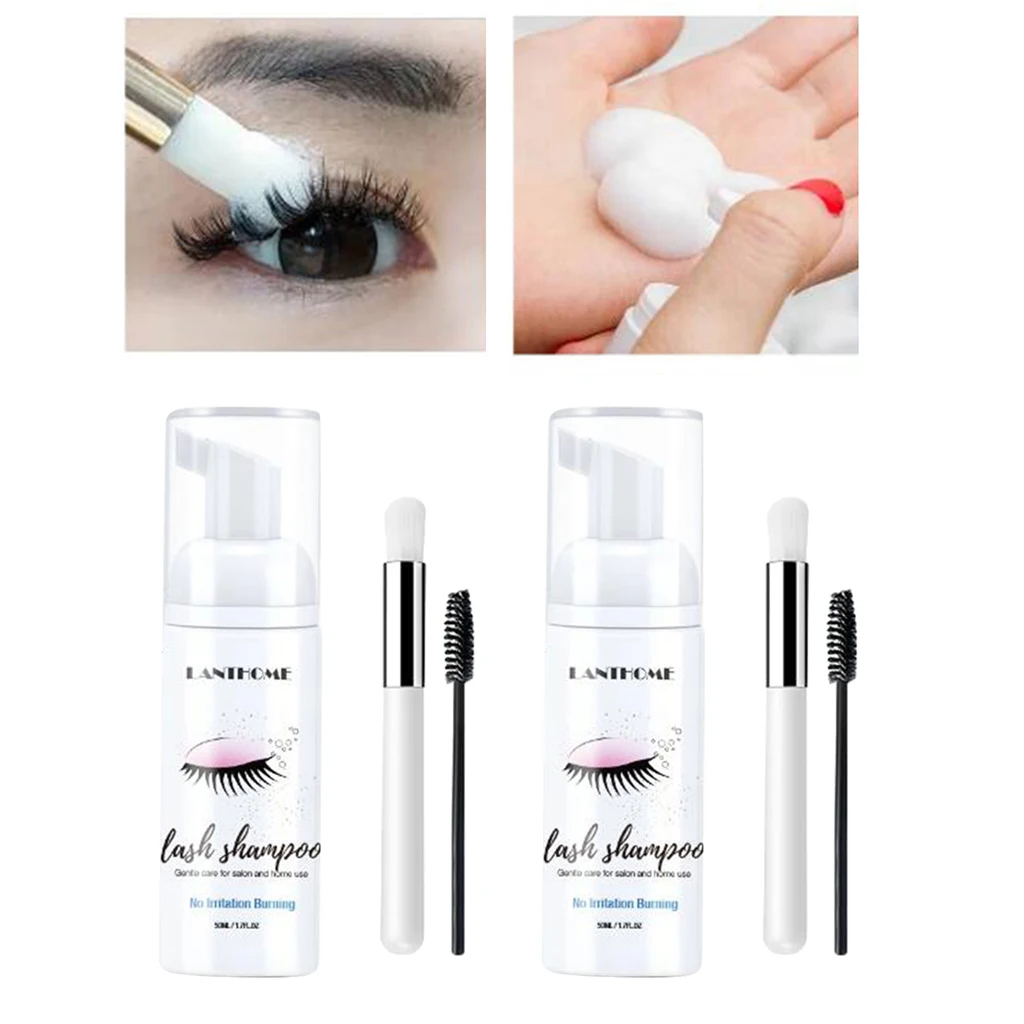 

2x Eyelash Extensions Shampoo Lash + Brush 50ml Eyelid Foaming Cleanser No Stimulation Makeup Clean