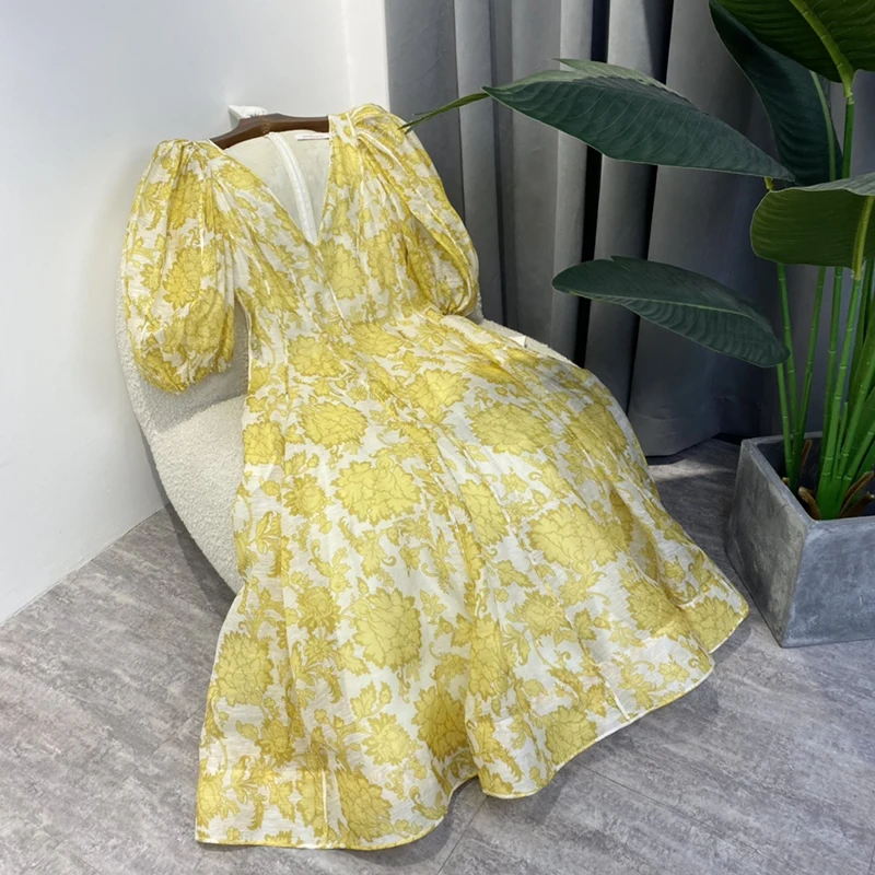 

2021 Autumn New Arrival Women Elegant Sweet Half Lantern Sleeve Flower Print Designer Wear Holiday Style Yellow Dress With Belt