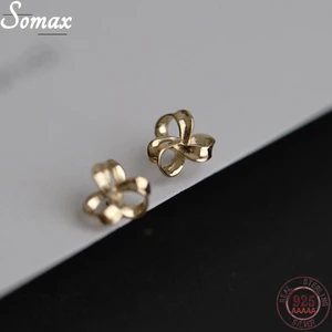 925 Sterling Silver French Bowknot Shiny Plating 14K Gold Fashion Stud Earrings Women Temperament Exquisite Design Party Jewelry
