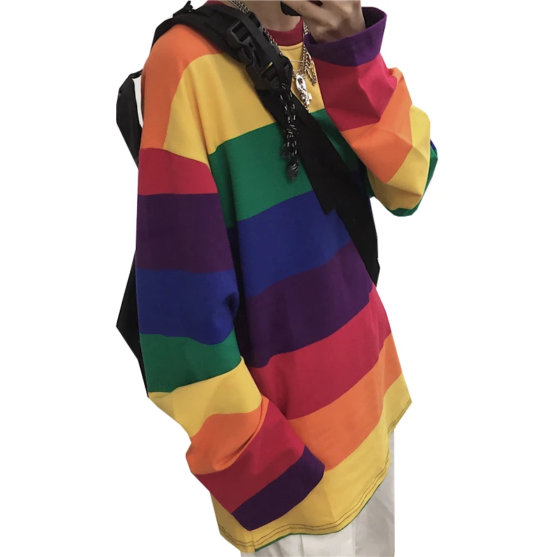 

Rainbow Striped Women T-shirts Harajuku Long Sleeve Woman Tshirts Spring Autumn Tops Casual O-Neck Ladies Girls Tshirt Basic Top