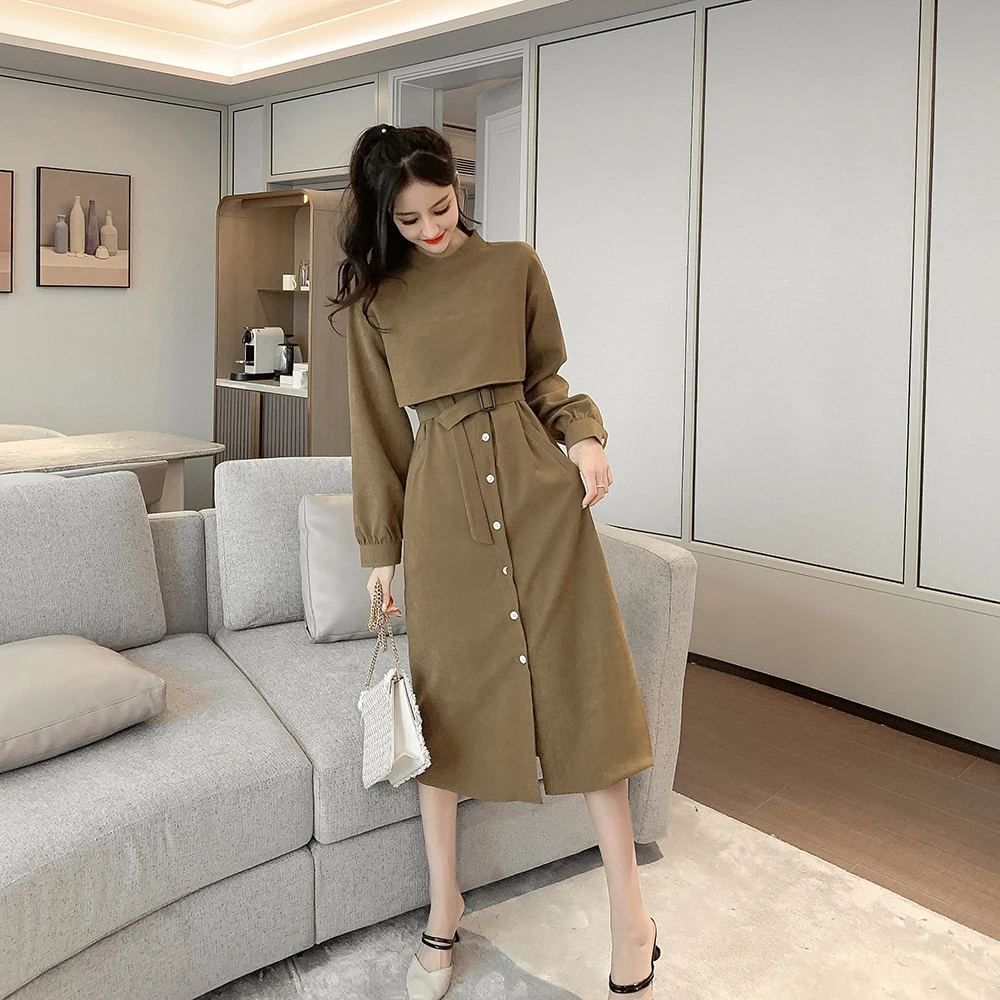 2019 Autumn Winter Dress Women Casual New Cotton Long Sleeve O-Neck Solid | Женская одежда
