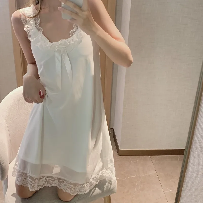 2021 Summer New Korean Lace Edge Nightdress Women's Sexy Sleepwear with Bra Sling Skirt Nightgown Lady Home Wear Nightwear