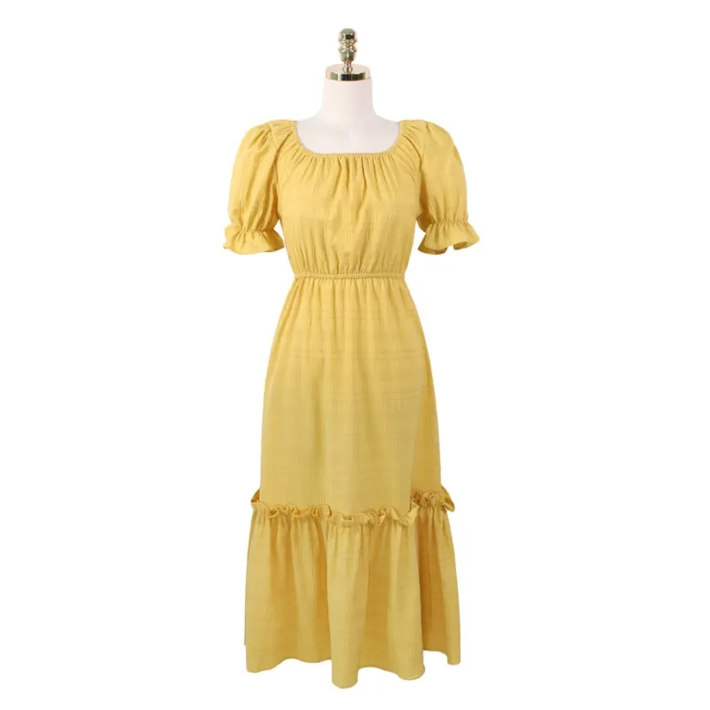 

2021 Summer New Korean Chic off-Shoulder Solid Color Dress Simple French Slimming Midi Dress for Women