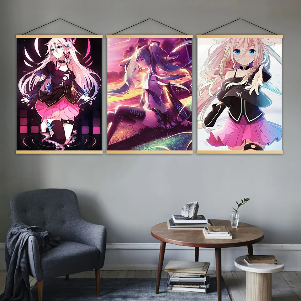 

Nordic Print Wooden Scroll Hanging Painting Canvas Picture Hatsune Mirai Amimation Wall Art Poster Home Decor For Living Room