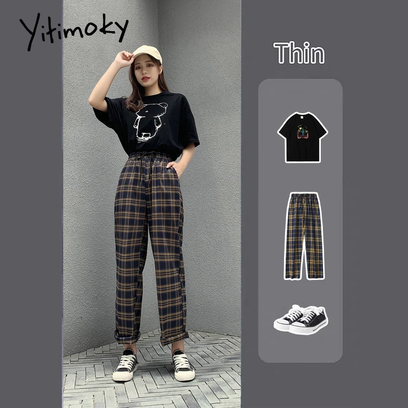 женские штаны клетчатые брюки с эластичной резинкой на талии широкие высокой