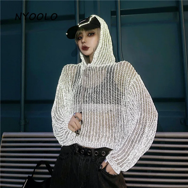 

NYOOLO Novelty style reflective hollow out sweaters women tops Harajuku streetwear loose hip hop pullovers hooded sweater female