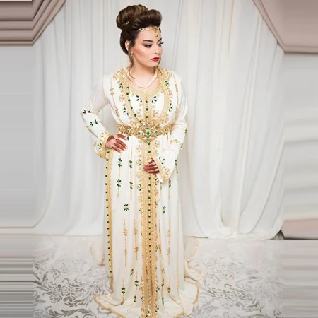 

Ivory Chiffon Moroccan Kaftan Dubai Evening Dresses Gold Beading Applique Saudi Arabic Muslim Party Gowns Islamic Mother Dress