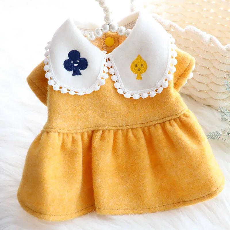 Одежда для собак и щенков на осень зиму желтое шерстяное платье с игральными