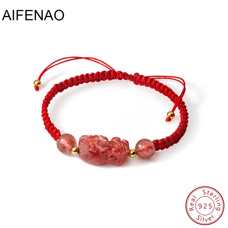 

925 Sterling Silver Red Rope Bracelet for Women Strawberry Quartz Pixiu String Bangle Adjustable Friendship Jewelry Lucky Gifts