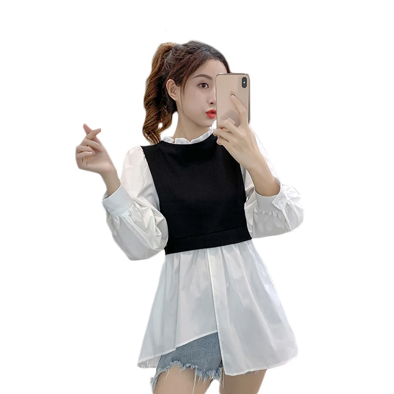 

COIGARSAM Fashion Patchwork korean blouse women New Spring Office Lady blusas womens tops and blouses Black Gray 6349