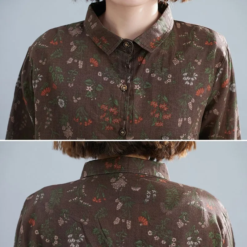 

Oversized Women Cotton Linen Casual Shirts New 2020 Autumn Vintage Print Turn-down Collar Loose Female Long Sleeve Tops S2463