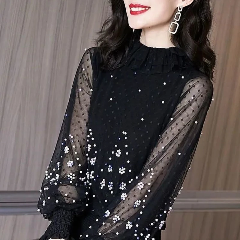 

Women's Spring Autumn Style Mesh Blouses Shirt Women's Lantern Sleeve Turtleneck Printed Knitted Elegant Loose Tops