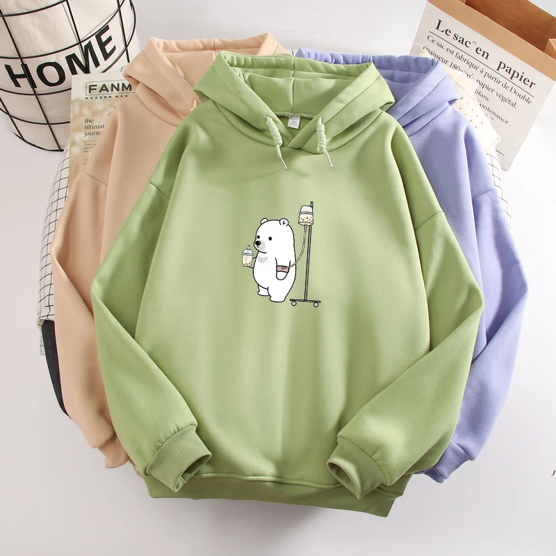 Cartoon Bear Print Sweatshirt Kpop Fashion Kawaii Graphic Warm Hoodies for Women Korean Style Long Sleeve Sweetshirt for Girls