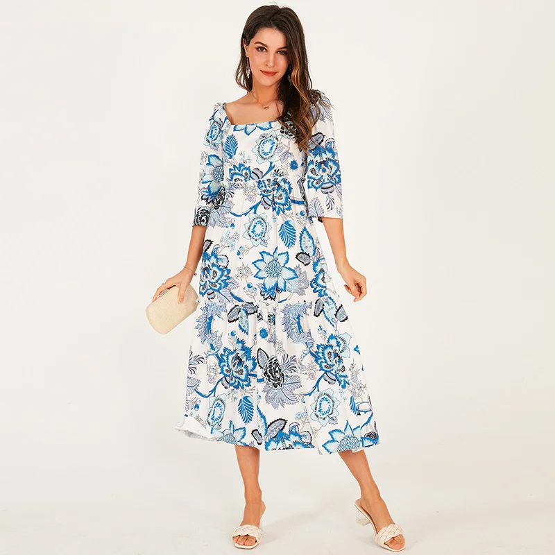 

Dresses Woman Summer 2022 Holiday Casual Style A-line Square Collar Floral Print Half Sleeve Vintage Sweet Elegant Robe Dress