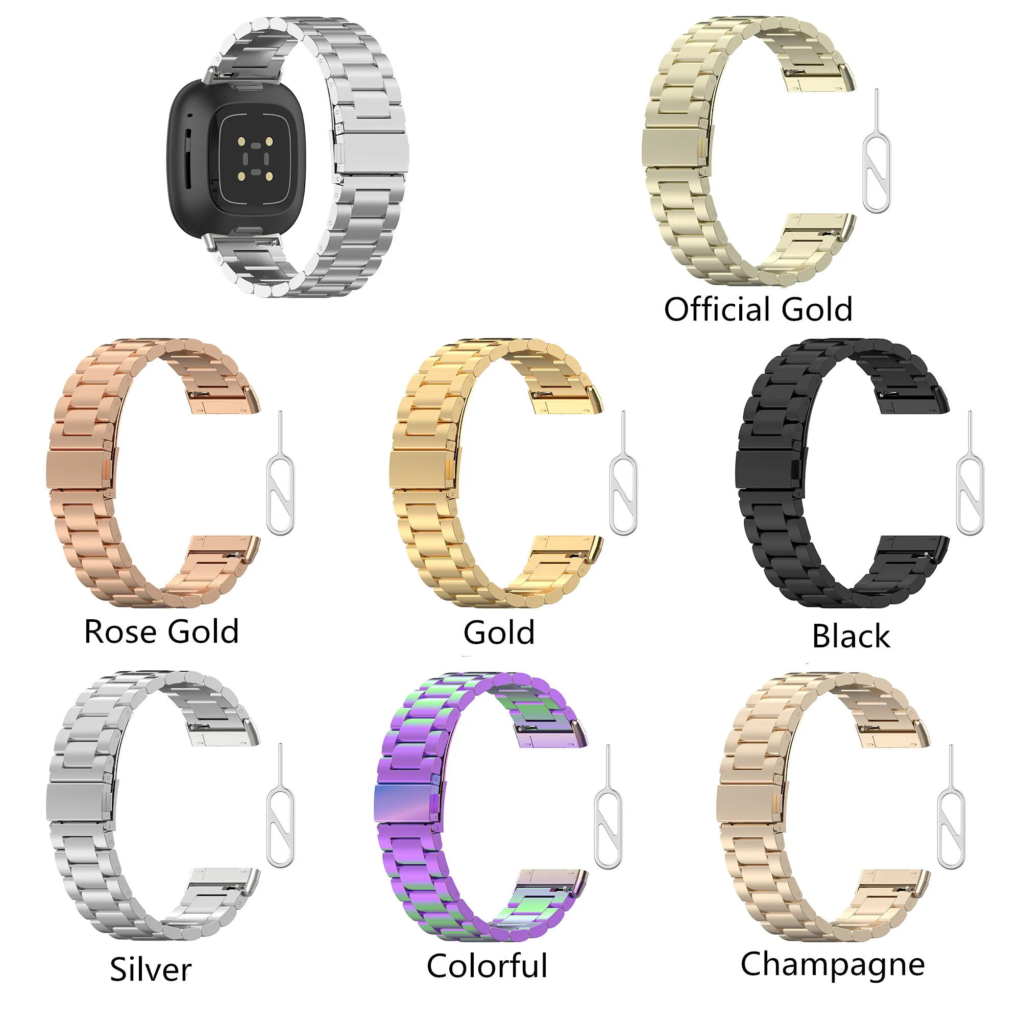 

For Fitbit Sense Three-bead Stainless Steel Strap Classic Atmospheric Wristband For Fitbit Versa 3 Metal Replacement Accessories