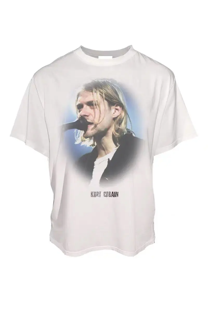 Винтажная белая Вельветовая футболка Cobain с коротким рукавом немоющаяся