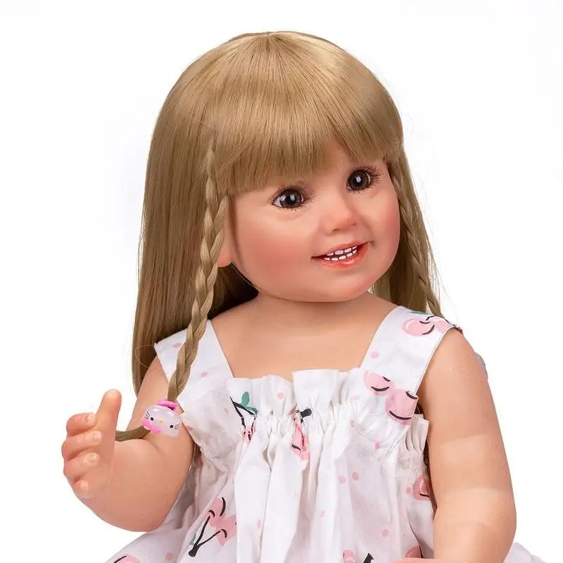 

Cute Silicone Baby Doll White Skirt Twist Braid Eyes Open Silicone Doll Baby Smiling Face Happy Collectible Doll