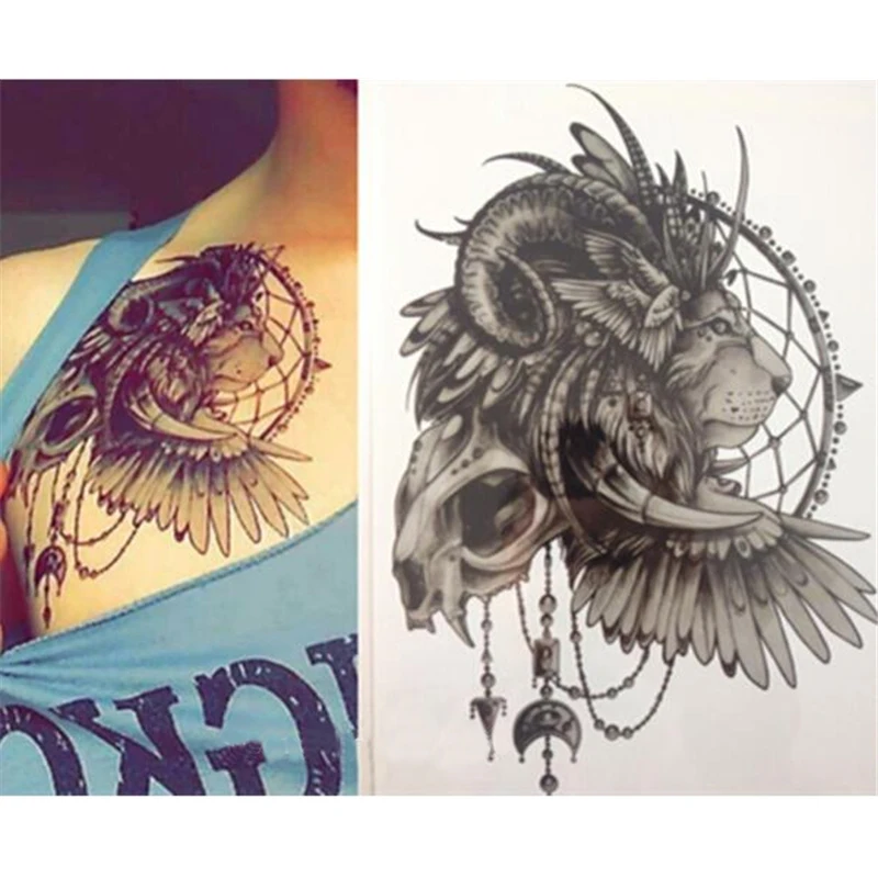 

Водостойкая Временная тату-наклейка, голова льва с ловцом снов, тату-наклейки флэш-тату, искусственные татуировки для женщин и мужчин