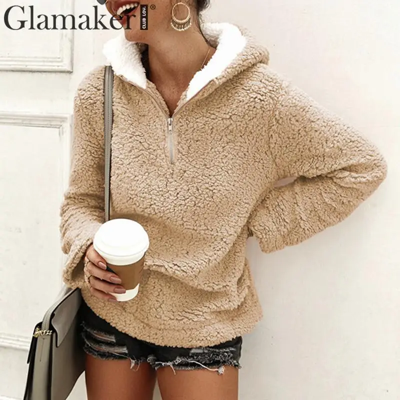 

Glamaker Faux fur khaki long sleeve sexy jacket Women autumn winter causal teddy coat Female loose short jacket coat sweatshirt
