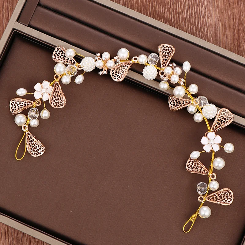 

Gold Pearl Rhinestone Flower Headband Bride Headpiece Handmade Wedding Hair Band Head Jewelry For Women Baridal Hair Accessories