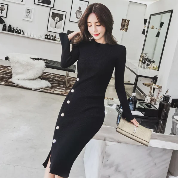 Высококачественное женское трикотажное платье-футляр с разрезом Осеннее черное