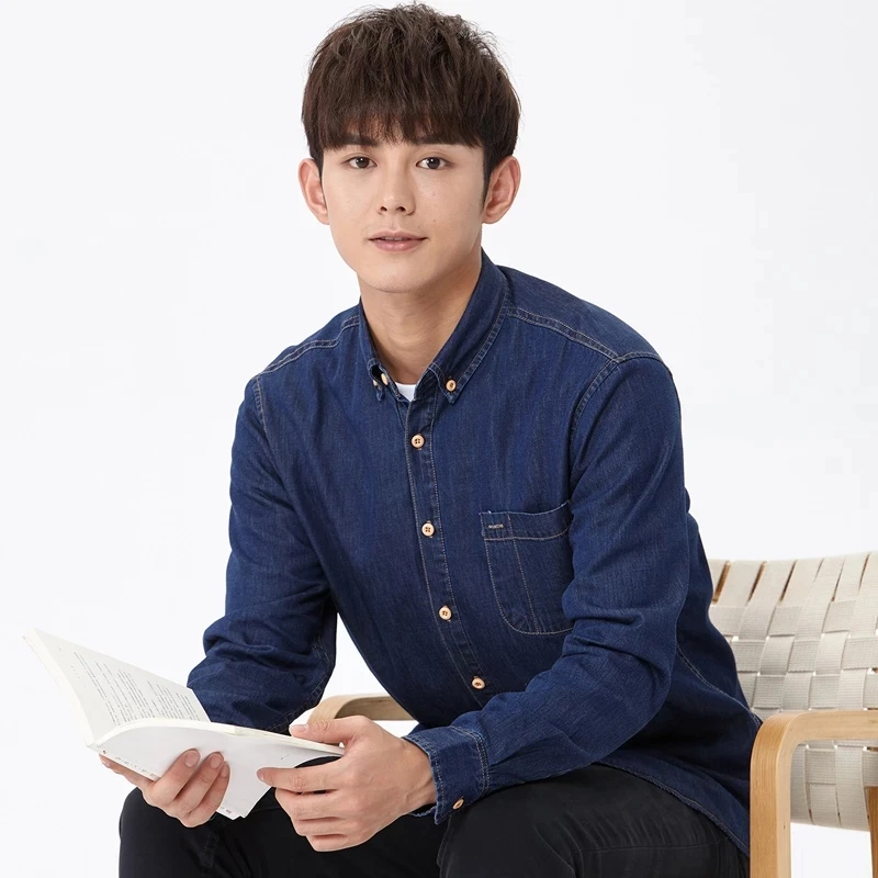 

SHAN BAO 2021 Autumn Brand Slim Denim Shirt 100% Cotton Classic Style Young Men's Fashion Casual Long Sleeve Shirt 3 Colors