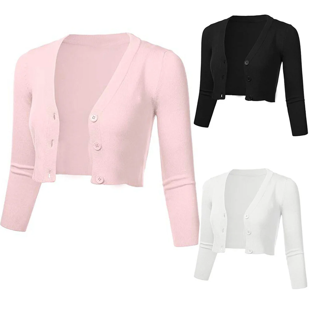 

3/4 Sleeve Cropped Short Cardigans Sweater Women Solid Casual Button Down Long Sleeve Coat Autumn Winter Knit Tops Pull Femme