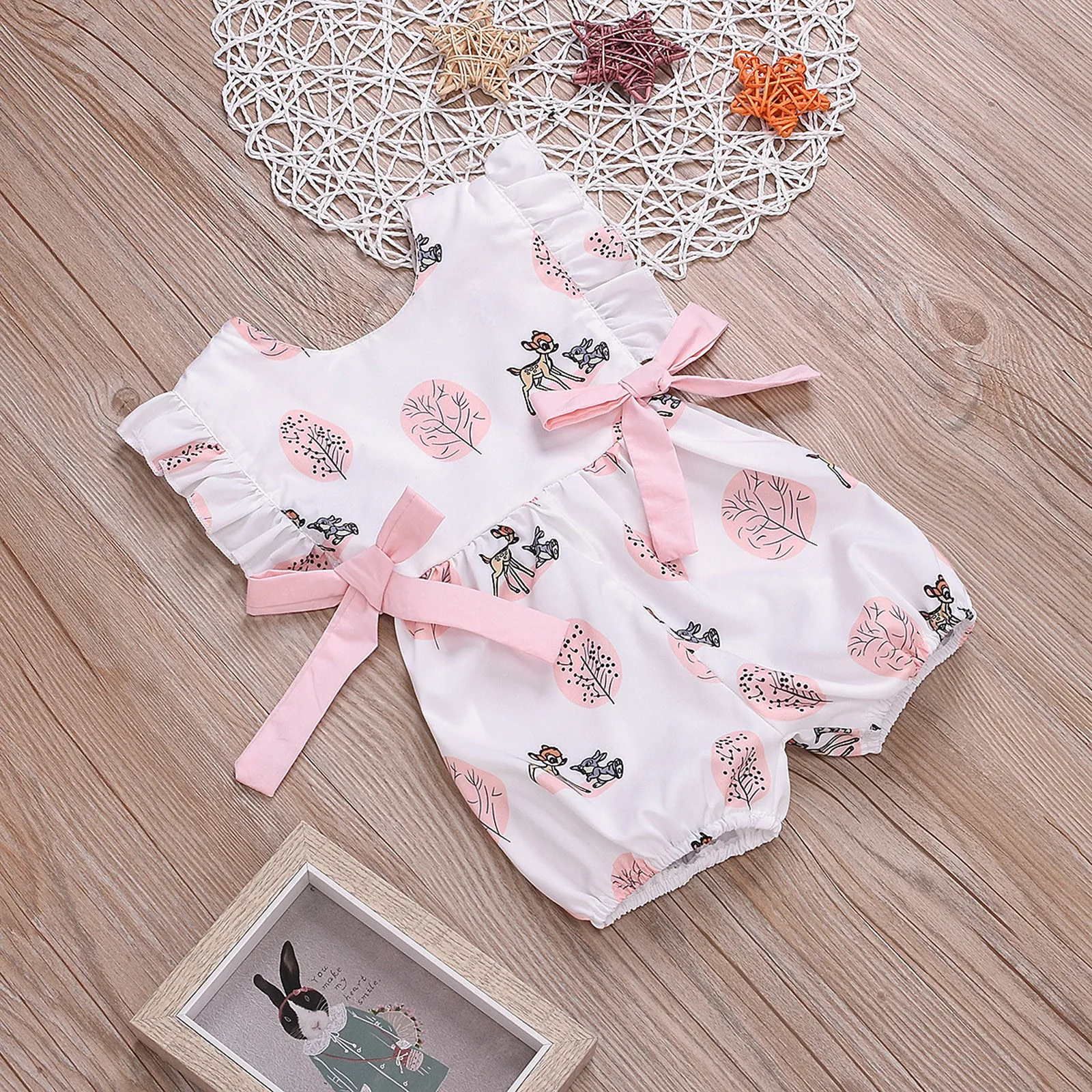 

Infant Baby Girls Rabbit And Fawn Romper Ruffled Sleeveless Summer Outfits