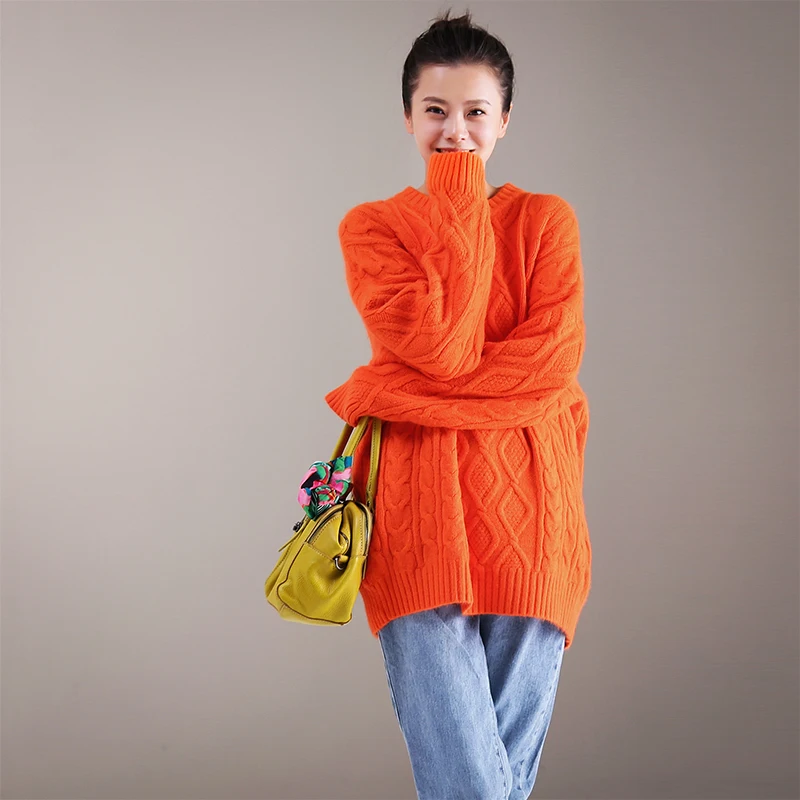 orange M9610 художественный и свежий многоцветный свитер с высоким воротником, свободный и толстый переплетенный с розочками - Цвет: orange