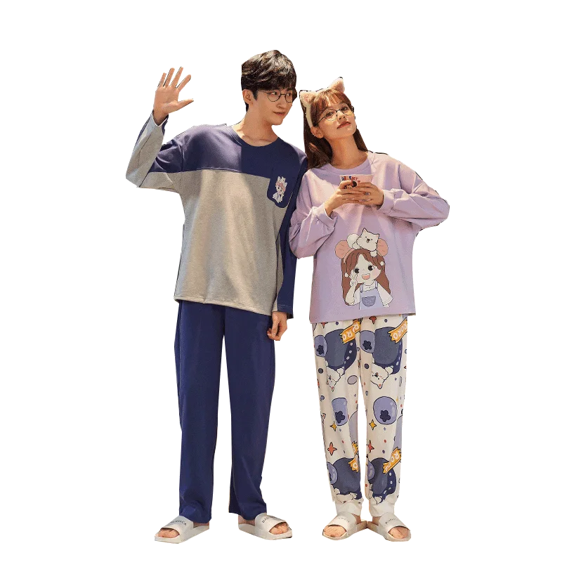 Новинка осенне-зимние хлопковые Пижамные комплекты для пар брюки с круглым