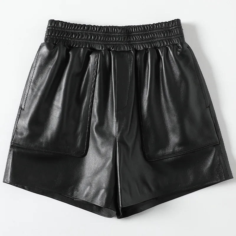 

Women Female Real Sheepskin Shorts Breeches Casual Genuine Leather Loose Elastic Waist Short Pants High Quality 2021 New Fashion