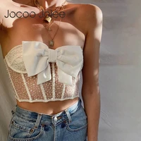 jocoo jolee women elegant mesh sequins tie bow strapless tanks sexy white black lace cropped tops club party skinny tank 2021