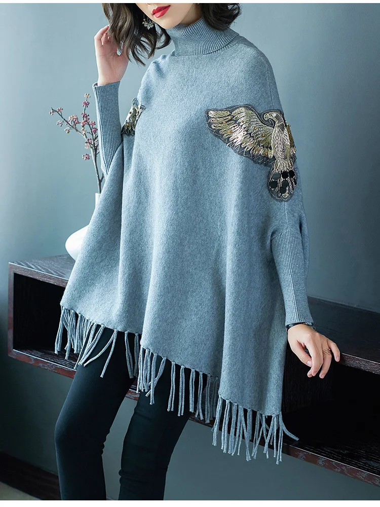 2019 autumn and winter Sweater flying eagle embroidery loose head cloak coat new sweater female ins | Женская одежда
